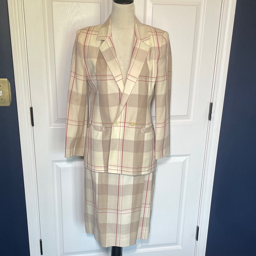 Vintage John Meyer Wool 2-Piece Skirt Suit Ivory & Beige Plaid Fully Lined